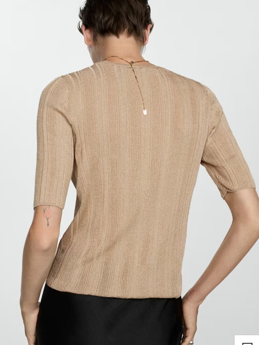 Mango Lurex Beige Short-Sleeve Ribbed Knitted Top XS - Picture 3 of 10